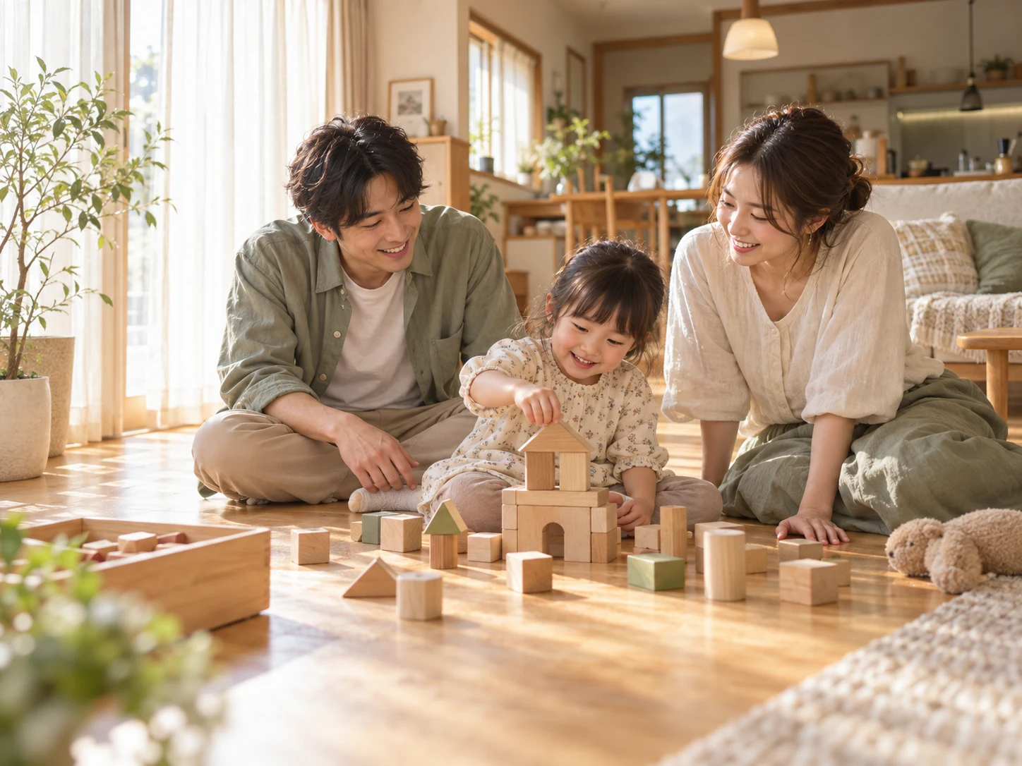 木の積み木で遊ぶ子どもを見守る両親。家族の暮らしのイメージ